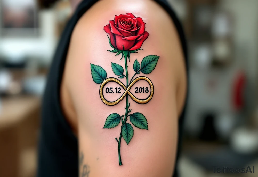A detailed rose with its stem forming an infinity symbol, with the couple’s wedding date "05. 12. 2018" beautifully incorporated into the design. Red rose with green leaves, gold for the infinity symbol, and black for the date. tattoo idea