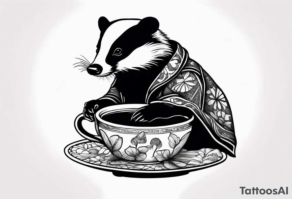 Badger in a coat with a teacup sitting on a mushroom tattoo idea