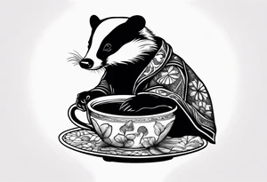 Badger in a coat with a teacup sitting on a mushroom tattoo idea