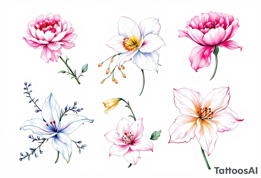 Carnation, Snowdrop, Larkspur, Water Lily, Daffodil, Clover tattoo idea