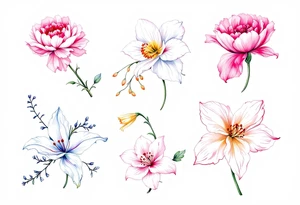 Carnation, Snowdrop, Larkspur, Water Lily, Daffodil, Clover tattoo idea