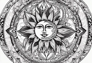 sacred moon and sun painted with Anishinaabe floral all over tattoo idea