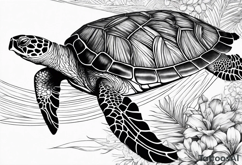 wave, turtle, flower, palm tattoo idea