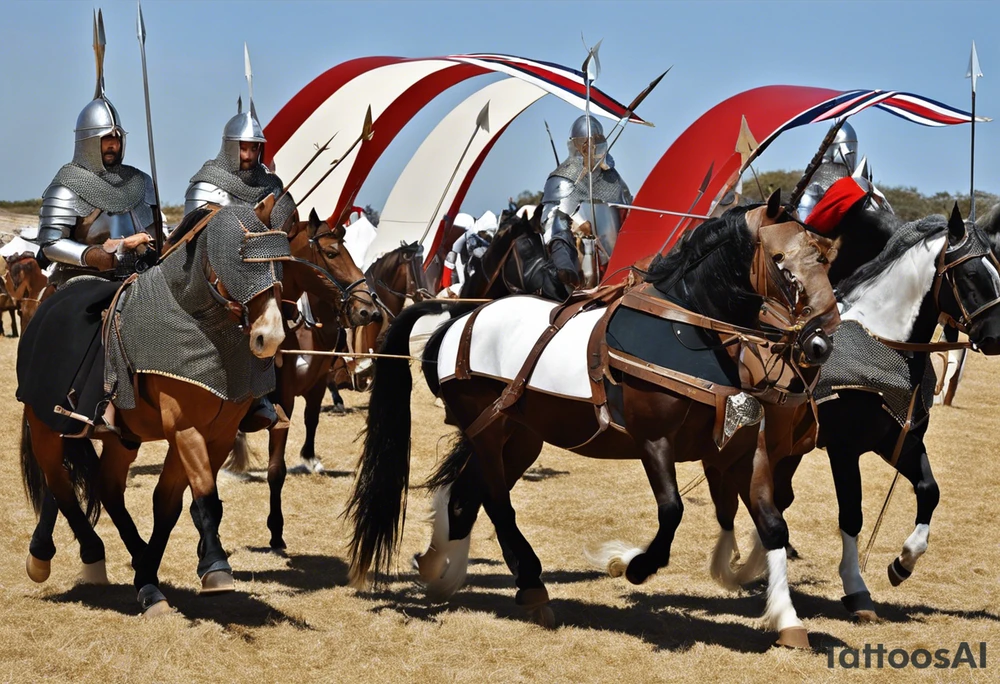 O primeiro cavaleiro do apocalipse. Com um arco e flechas nas costas ele monta num cavalo branco, forte e esbelto, com cabelos longos no pescoço. Com porte fisico forte e vestindo uma armadura de ferro, o cavaleiro usa um capacete medieval em forma de coroa. tattoo idea