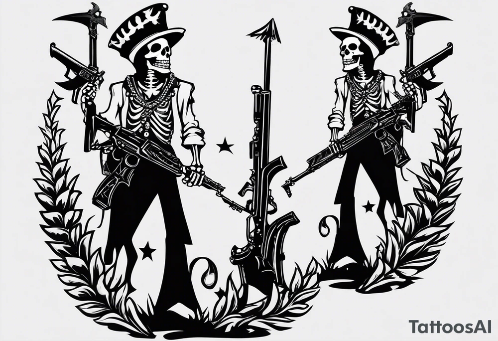 image of a skeleton standing frontally with a crown on his head, holding an AK-47 on his shoulder with his right hand. The chain on the left should be taut, there are three angry barking Dobermans in it, near the waist tattoo idea