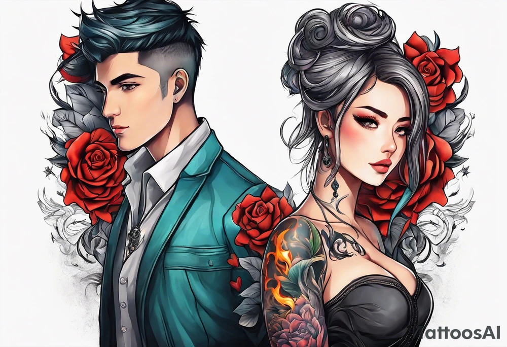 A girl with an empty heart and a guy with a burning heart. They stand back to back tattoo idea