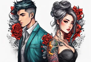 A girl with an empty heart and a guy with a burning heart. They stand back to back tattoo idea