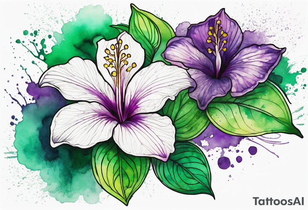 An outline of a green rio dipladenia flower and a green and purple watercolor splash in the background tattoo idea