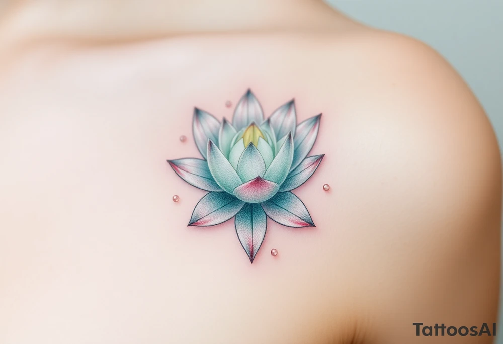 A delicate white water lily surrounded by sparkling droplets of water, symbolizing clarity and purity, with subtle pastel green and pink accents tattoo idea