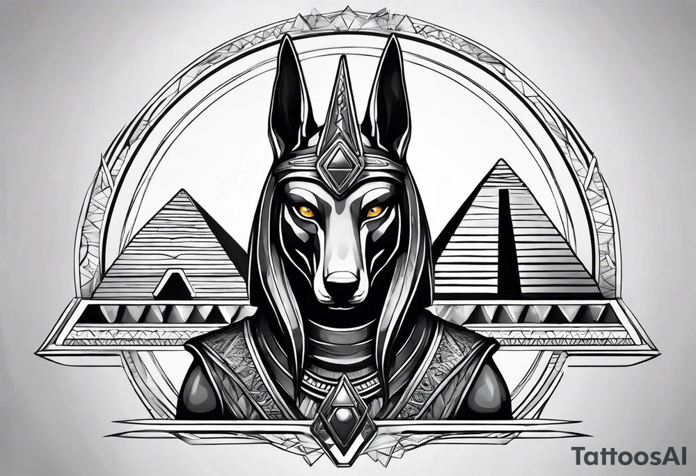 Strict Anubis portrait with pyramids on the background tattoo idea