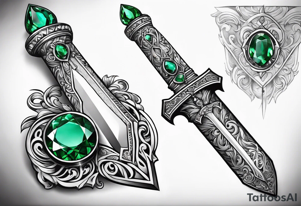 An athame dagger with the hilt turned upward and emerald gemstones on the hilt tattoo idea