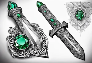 An athame dagger with the hilt turned upward and emerald gemstones on the hilt tattoo idea