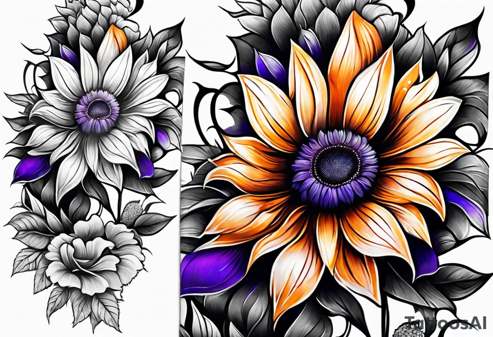 Full leg sleeve with purple, orange and blue sunflowers tattoo idea