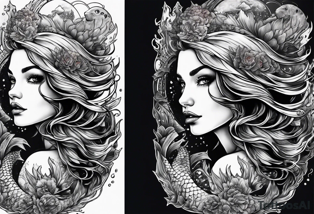 mermaid swimming next to a ghost ship tattoo idea