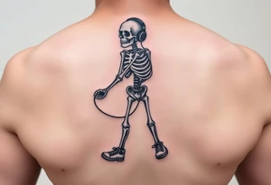 Funny skeleton exercises on a jump rope with a headphones colorful tennis shoes tattoo idea
