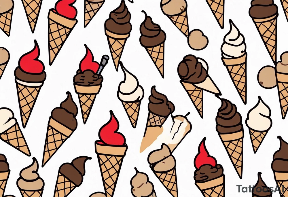 chocolate chip ice cream cone with one red heart tattoo idea