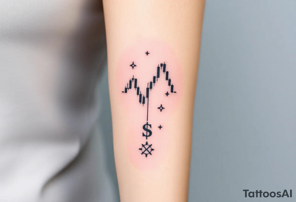 Create a unique tattoo design for a Forex trader. Include symbols of trading like a bullish candlestick chart, currency symbols (e.g., EUR, USD, GBP, JPY), and creative elements representing financial growth and strategy. The style should be minimalist black linework, modern and elegant, suitable for an arm or forearm tattoo.” tattoo idea