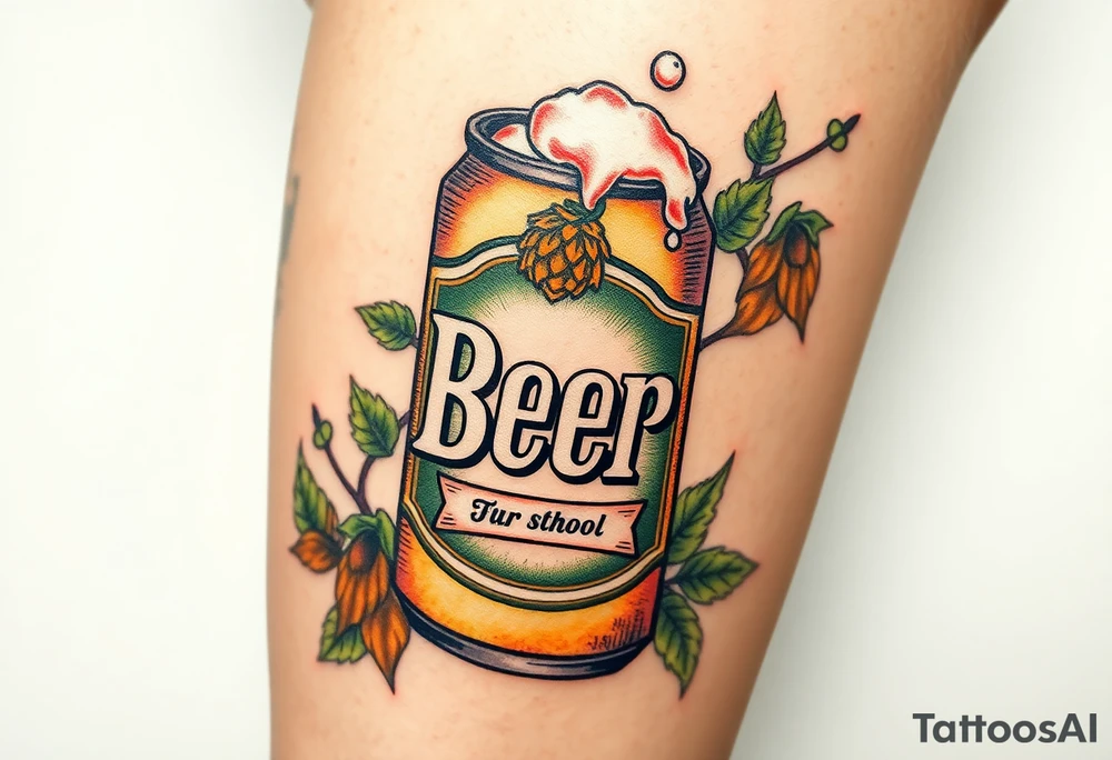 A vintage-style beer can with a retro label, featuring bold typography, a golden hop emblem, and subtle weathered textures. The can is slightly tilted, with frothy foam dripping over the top, and surrounded by barley stalks and hop vines in warm amber, deep green, and rustic brown tones tattoo idea
