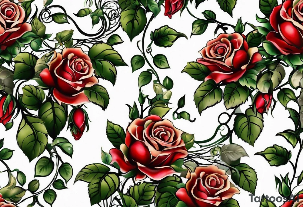 draw image of sleeve tattoo that has 65 small roses on a vine, they can be different sizes. It is long and narrow in design so it fits on an arm. The vine has some leaves and thorns but not too many. The roses will be a mix of small and medium size with some front on and others side on. tattoo idea