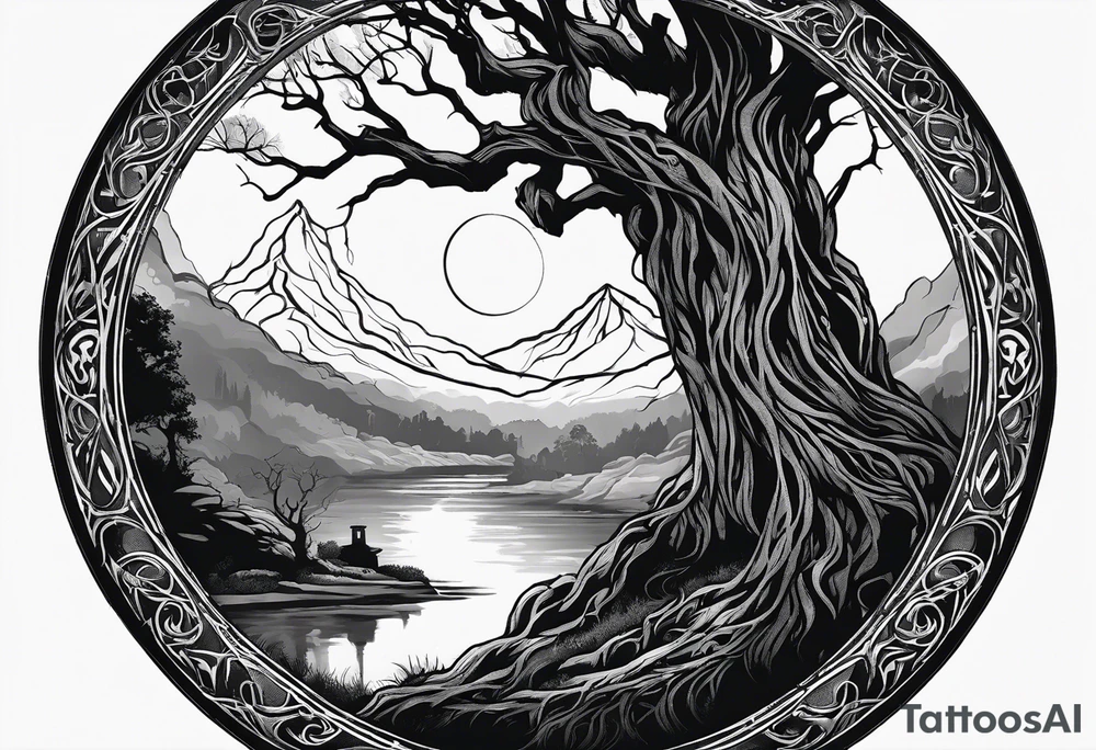 Circular lord of the rings style writing around an ancient twisted tree tattoo idea