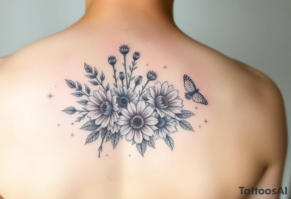 Small watercolour bouquet of wild flowers including Lilly stargazers, sunflowers, poppies and peonies tattoo idea