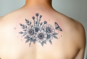 Small watercolour bouquet of wild flowers including Lilly stargazers, sunflowers, poppies and peonies tattoo idea