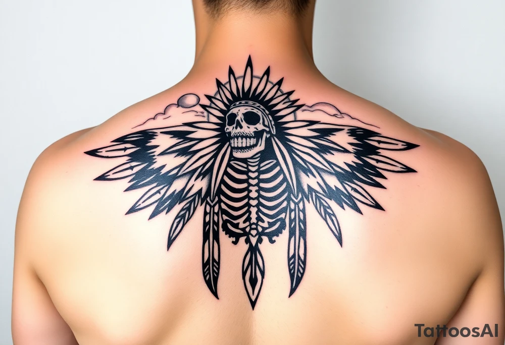 Traditional cherokee chief skeleton with spirit animals in the sky and moon and hazy clouds in the backdrop on shoulder tattoo idea