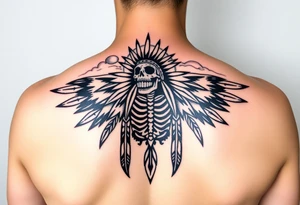 Traditional cherokee chief skeleton with spirit animals in the sky and moon and hazy clouds in the backdrop on shoulder tattoo idea