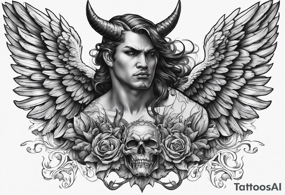 Devil with angel wings aggressive  behind Sundays in the background tattoo idea