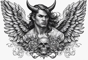 Devil with angel wings aggressive  behind Sundays in the background tattoo idea