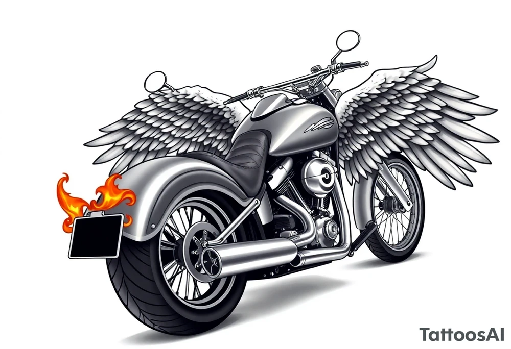 Low rider grey motorcycle, big muffler pipes with flames, angel wings, driving away, no person tattoo idea