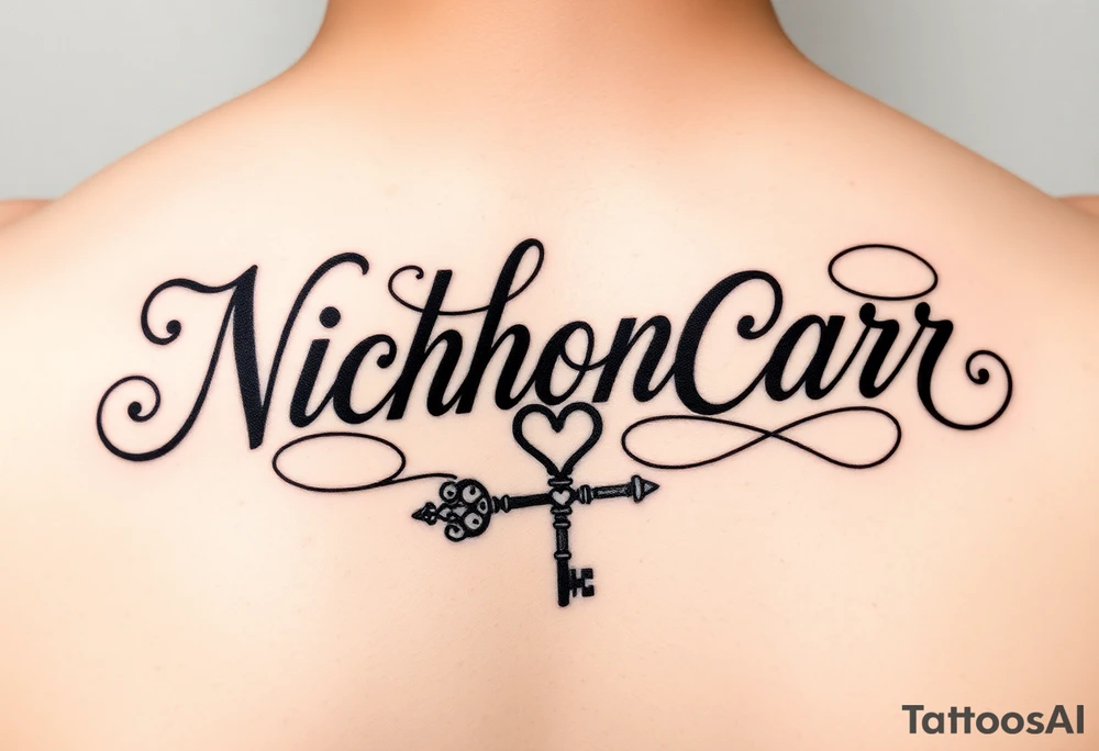 Cursive font writing with creative swirls running with the letters spelling Nicholas Carr. With a fancy heart and key in it at the end tattoo idea