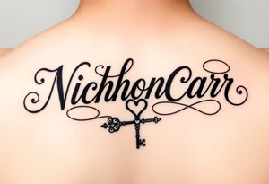 Cursive font writing with creative swirls running with the letters spelling Nicholas Carr. With a fancy heart and key in it at the end tattoo idea