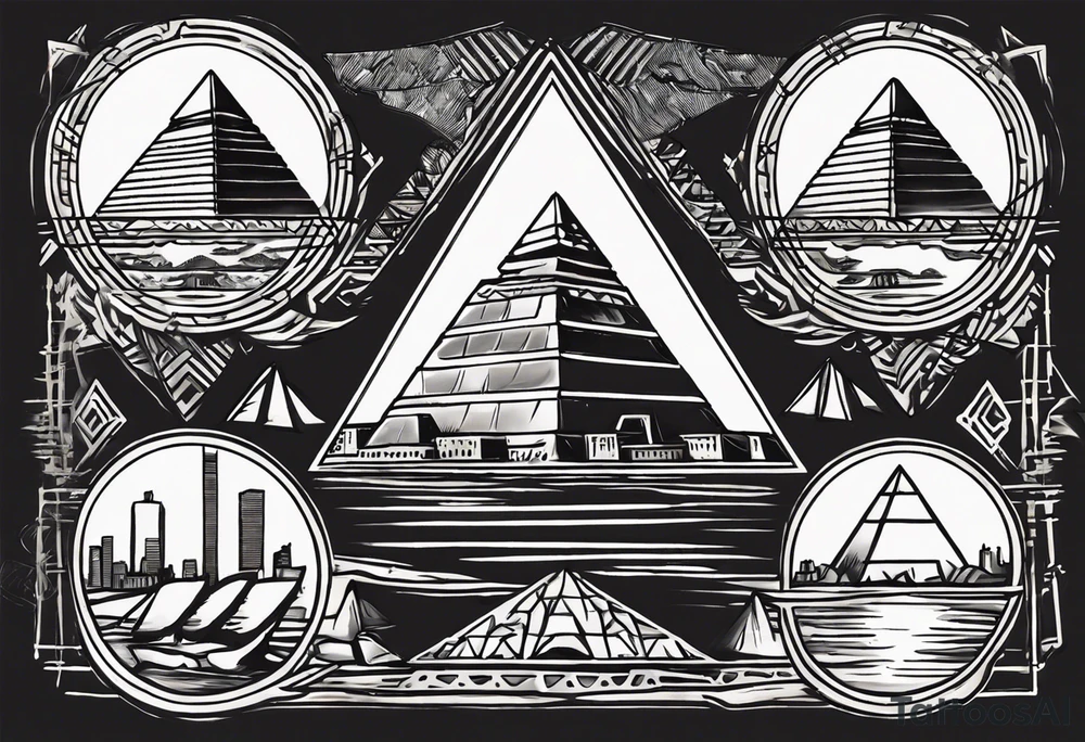 design featuring the Pyramids of Giza gracefully merging with the Manhattan skyline. Integrate the Nile River flowing into the Hudson River to symbolize your cultural journey. Keep the design clean and impactful, focusing on key elements to maintain a timeless and meaningful representation of your identity and experiences. tattoo idea