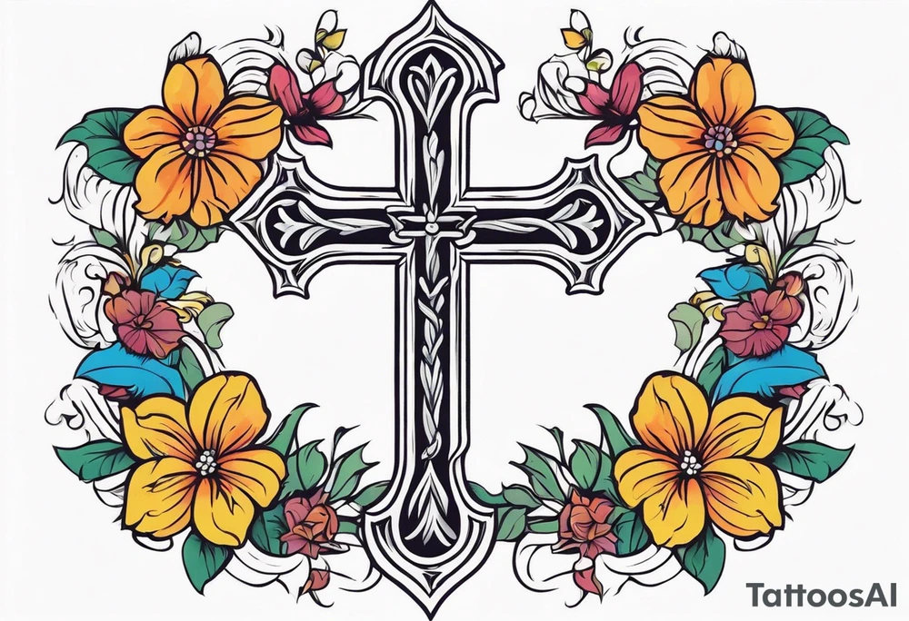 plain cross surrounded 
 with flowers and twisted around cross
 colorful tattoo idea