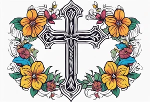 plain cross surrounded 
 with flowers and twisted around cross
 colorful tattoo idea