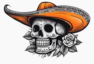 Mexican skull with sombrero with smoke coming out of the bottom orange and black tattoo idea