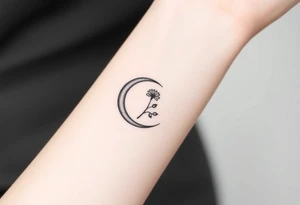 Small black and white tattoo waxing crescent moon with small Daisy birth flower and tiny Leo gliph tattoo idea