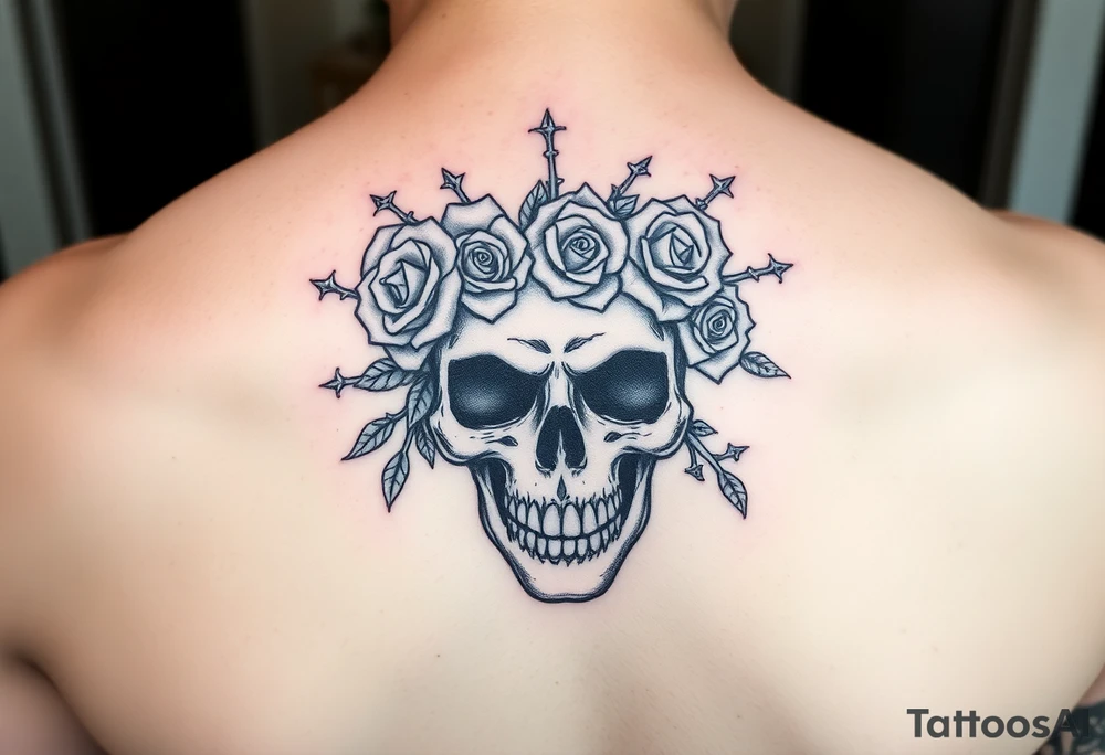 ornate skull adorned with crown of wild roses and thorns tattoo idea