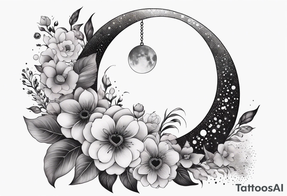 Crescent moon with a heart inside, shrouded by beautiful flowers with wisps of mist tattoo idea