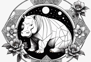 Very asymmetrical, +geometric pattern, with realistic full moon, with seeious looking hippo, +zen feel, + Buddhism touch,
with wintersweet flower bud, +portrait orientation, +inkart touch, tattoo idea