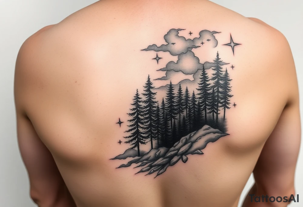 ocean and forrest with  trees an rainy clouds with lighting sleeve for arm and stars and clouds tattoo idea