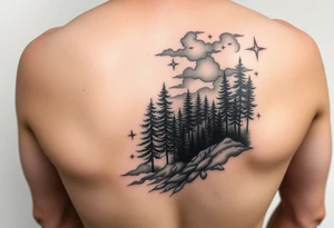 ocean and forrest with  trees an rainy clouds with lighting sleeve for arm and stars and clouds tattoo idea