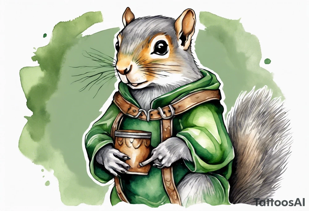 a grey squirrel dressed in a grey and green tunic wearing a medieval messenger bag tattoo idea