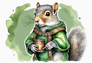 a grey squirrel dressed in a grey and green tunic wearing a medieval messenger bag tattoo idea