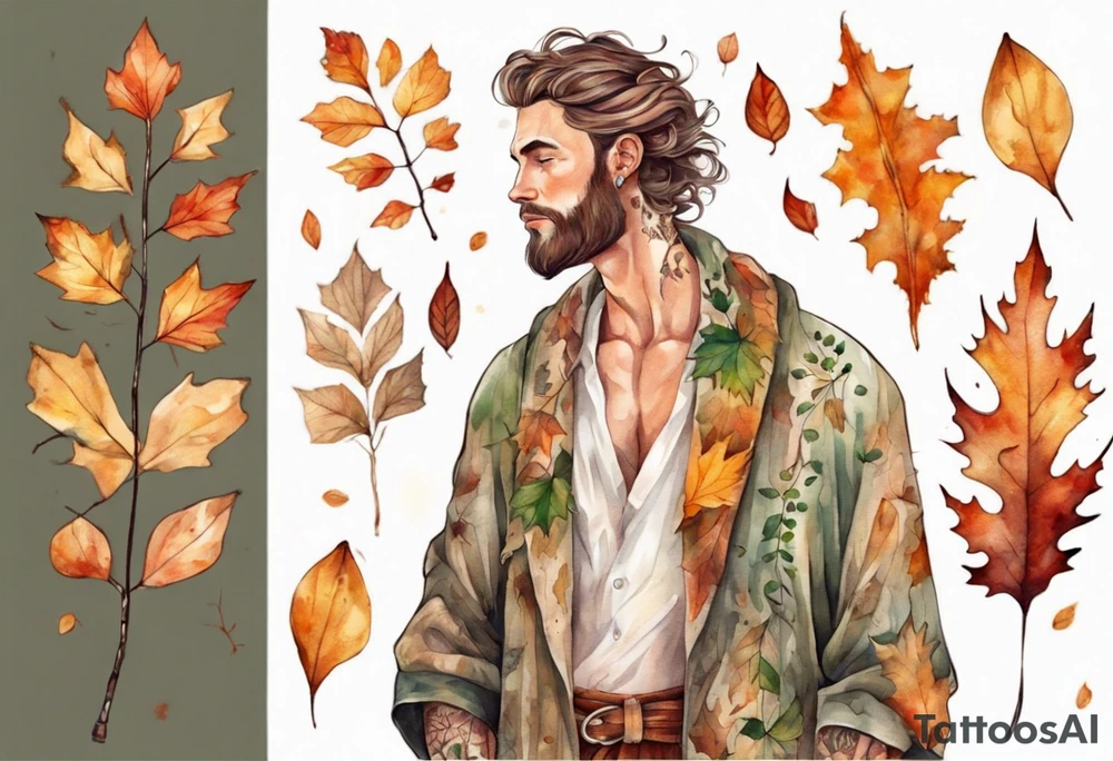 A tall, beautiful man with autumn leaves for hair, skin like birch bark, and a floral robe. tattoo idea