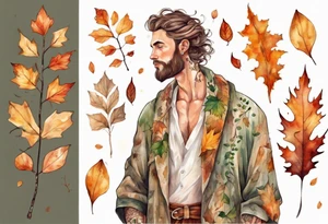 A tall, beautiful man with autumn leaves for hair, skin like birch bark, and a floral robe. tattoo idea