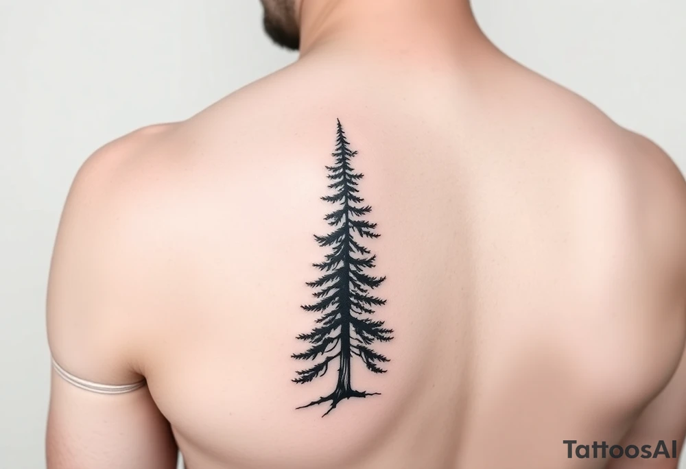 a minimalist tattoo of a douglas fir tree, combined with a band around the left forearm which connects at the bottom of the trunk of the tree. Please don't have it on the back -- make it on the arm tattoo idea