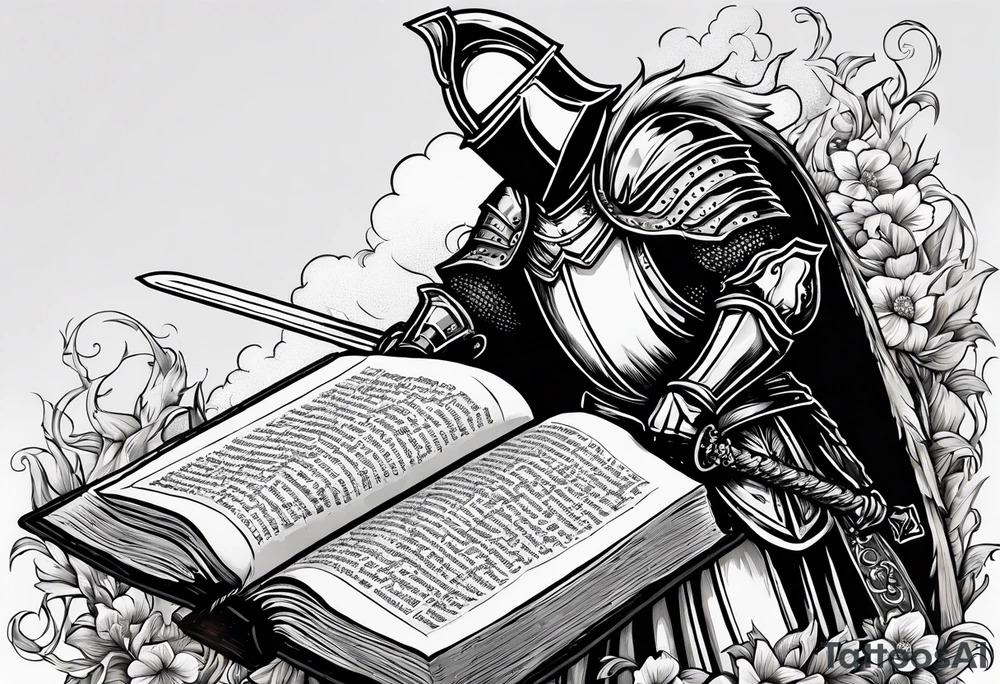 a knight pulling a sword out of an open bible tattoo idea