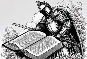 a knight pulling a sword out of an open bible tattoo idea